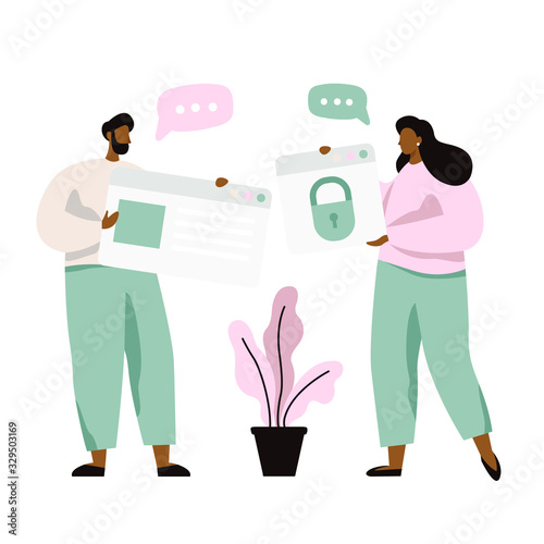 People talk about personal data protection and cyber security. Idea of digital information safety and security. Flat  style vector illustration.