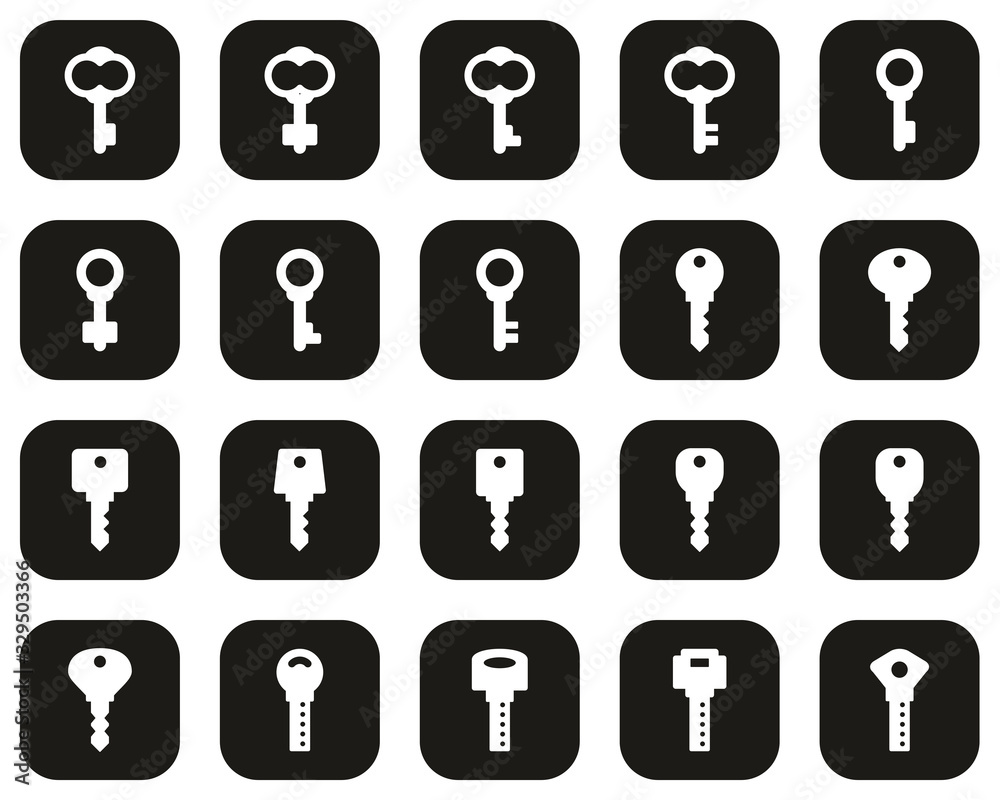 Keys Or Various Shapes Of Keys Icons White On Black Flat Design Set Big Keys Or Various Shapes Of Keys Icons White On Black Flat Design Set Big