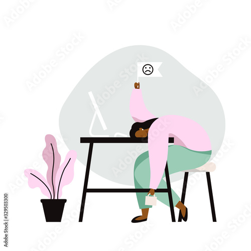 Work burnout. Tired female worker sitting at the table. Long working day in the office. Mental health problem. Flat vector illustration.