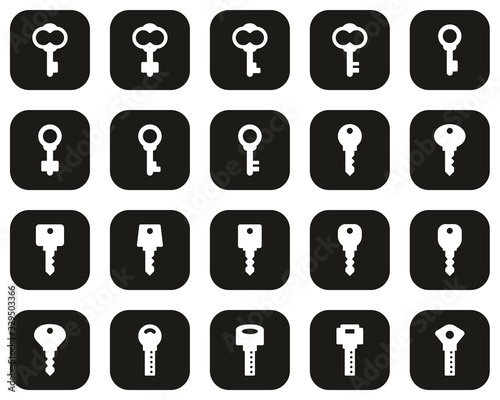 Keys Or Various Shapes Of Keys Icons White On Black Flat Design Set Big