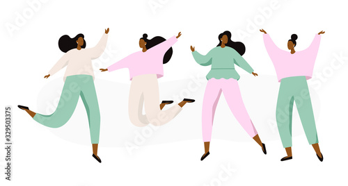 Group of happy dancing women on white background. Jumping and dancing people. Vector illustration in flat style.