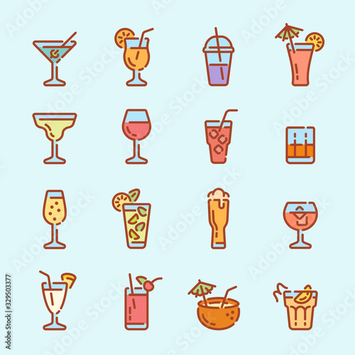 Set of alcoholic drinks and cocktails color outline icons. Vector illustration.