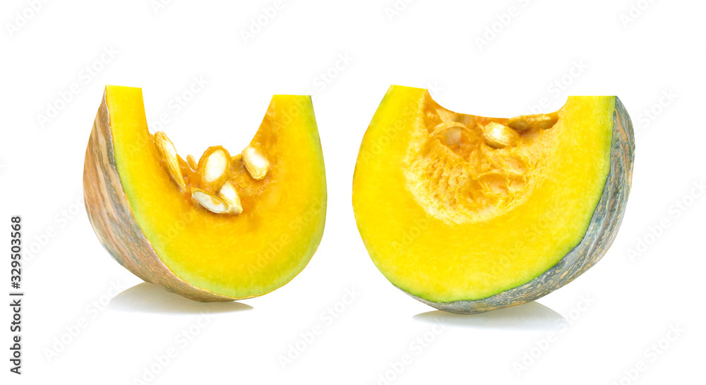 cut piece fresh pumpkin with shell and seeds on white background
