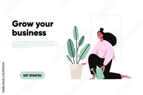 Grow your business web page template. Woman growing the plant. Start up concept illustration. Vector flat design.