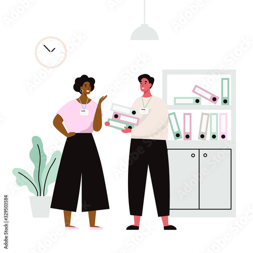 Two employees in the office discuss working issues. Conversation of two office workers. Flat vector illustration.
