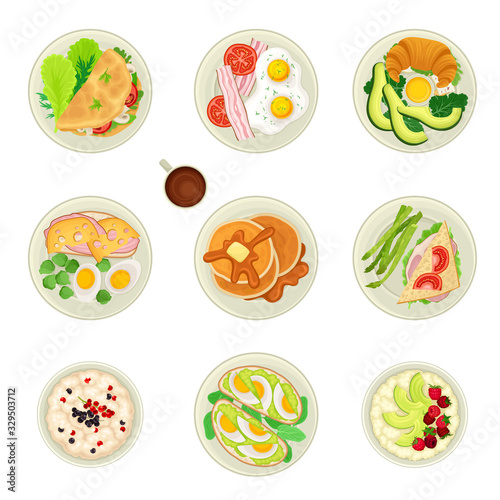 Food for Breakfast with Pancakes and Scrambled Eggs Served on Plate Top View Vector Set