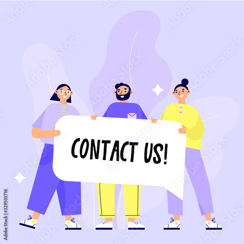 Contact us concept illustration. Group of people holding a banner with text contact us. Flat vector illustration.