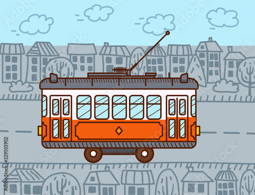 Tram car in the city. Public transport. Urban vehicle