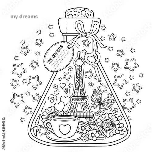 Vector Coloring book for adults. A glass vessel with dreams of traveling to Paris.A bottle with butterfly, ladybug, leaves, cup of coffee,valentines and Eiffel Tower