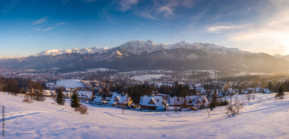 Winter panorama of the High Tatras and the Zakopane Resort in Poland