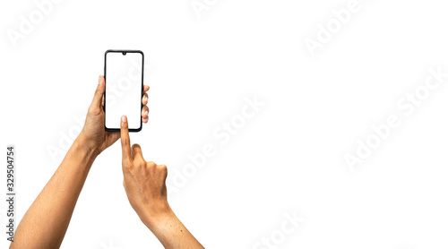 Women hand holding black phone isolated on white background and copy space, Blank screen for business