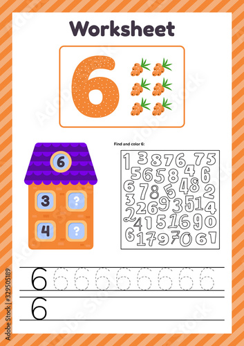 Worksheet count for kids. House. Number bonds. Trace line. The study of mathematics for children of kindergarten, preschool age. Six. 6.