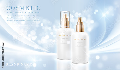 3D elegant cosmetic bottle container with shiny light blue glimmering background template banner.