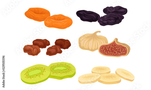 Dried Fruits with Figs and Apricot Isolated on White Background Vector Set