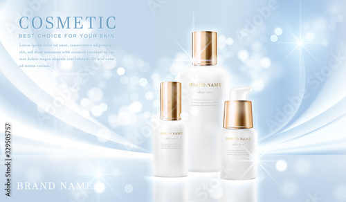 3D elegant cosmetic bottle container with shiny light blue glimmering background template banner.