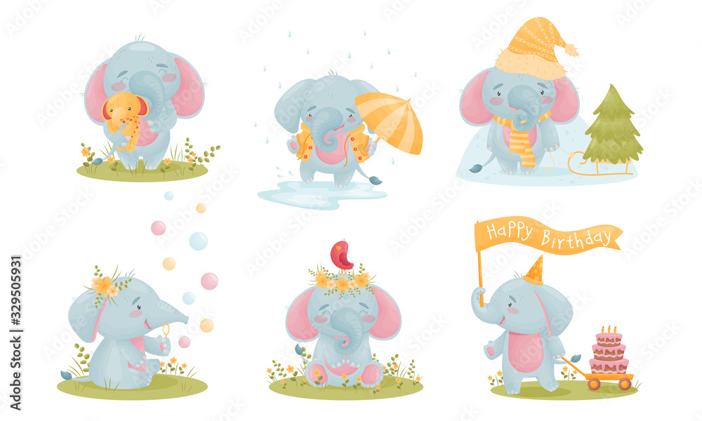 Cute Smiling Elephant Character Engaged in Different Activities Vector Set