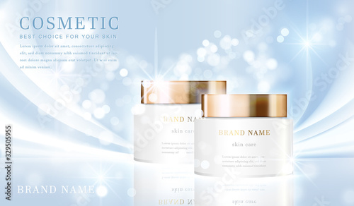 3D elegant cosmetic bottle container with shiny light blue glimmering background template banner.