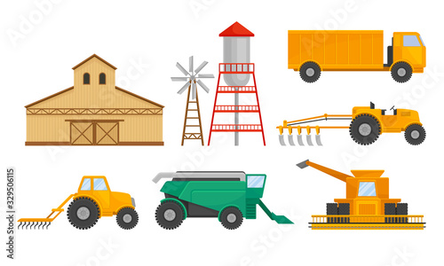 Farming and Agricultural Stuff with Barn and Industrial Machinery for Harvesting Vector Set