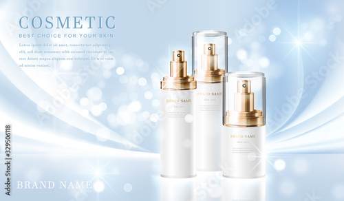 3D elegant cosmetic bottle container with shiny light blue glimmering background template banner.