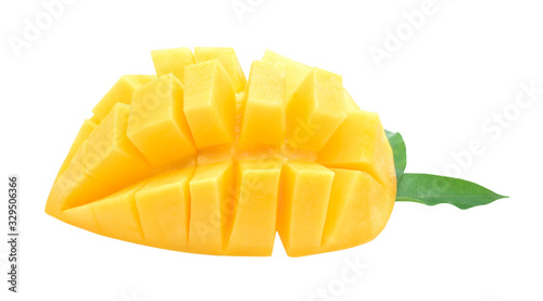 Mango slice with green leaves isolated on white background.