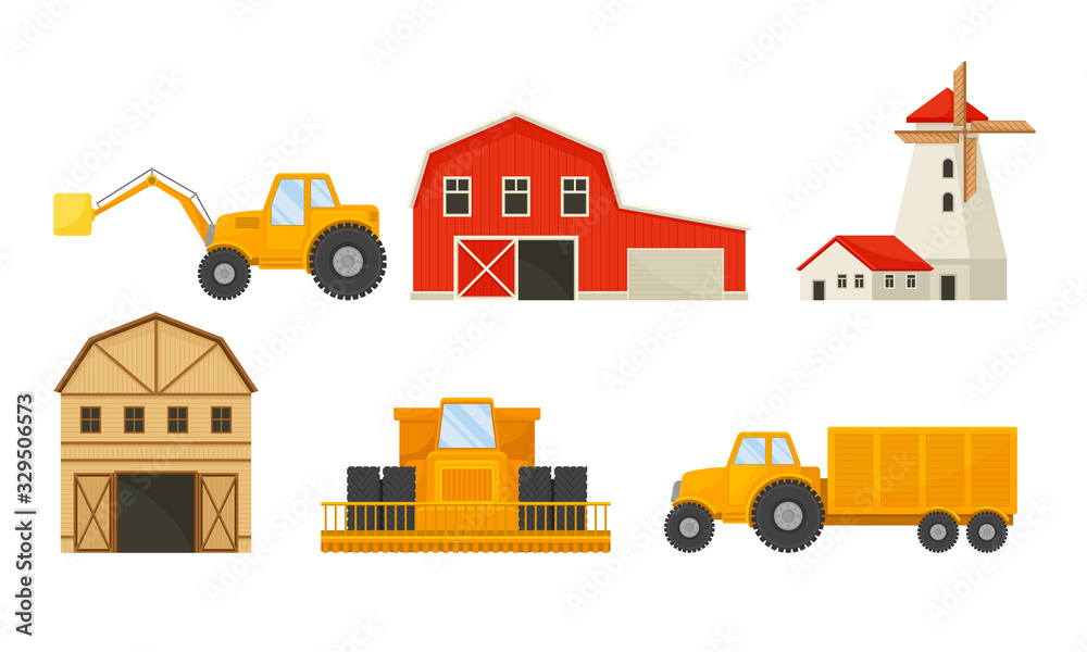 Farming and Agricultural Stuff with Barn and Industrial Machinery for Harvesting Vector Set