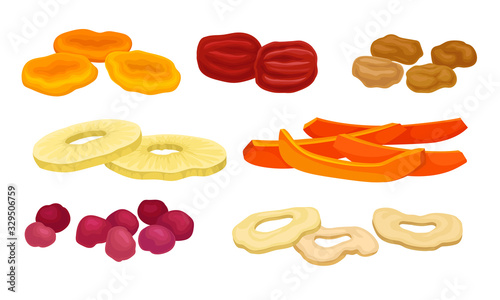 Dried Fruits with Cherry and Apricot Isolated on White Background Vector Set