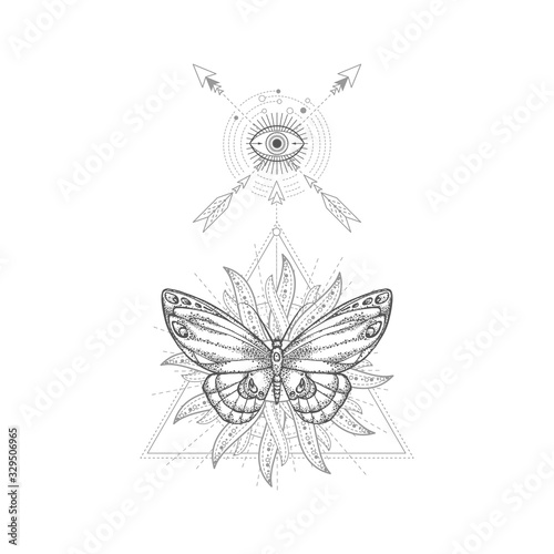 Vector illustration with hand drawn butterfly and Sacred geometric symbol on white background. 