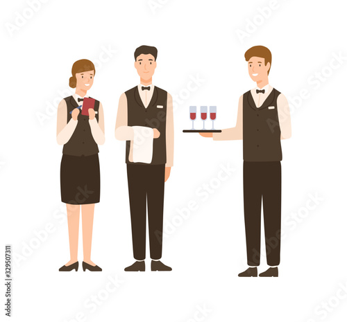 Positive cartoon people hotel staff standing isolated on white background