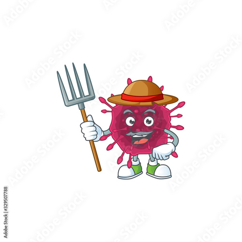 COVID19 in Farmer mascot design with hat and pitchfork