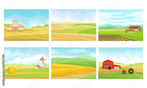 Fototapeta Naklejka Na Ścianę i Meble -  Agricultural Lands with Barn Houses and Cultivated Fields Vector Scenes Set