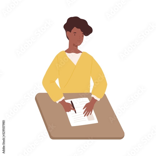 Happy black woman write paper document sitting on table vector graphic illustration. Positive dark skin female fill in questionnaire holding pen isolated on white background. Girl writing letter
