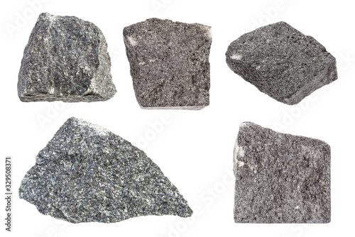 set of various Gabbro rocks isolated on white