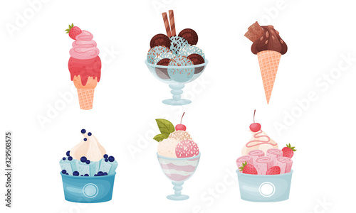 Ice Creams Rested in Sugar Cone and in Sherbet Glass Vector Set