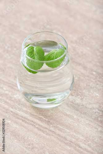 Glass of fresh water with mint on table