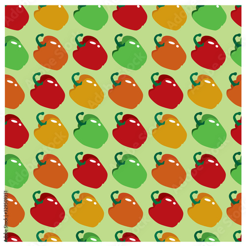 Fototapeta Naklejka Na Ścianę i Meble -  vector seamless pattern with green, yellow, orange and red peppers on green background. for kitchen design, postcards, textiles