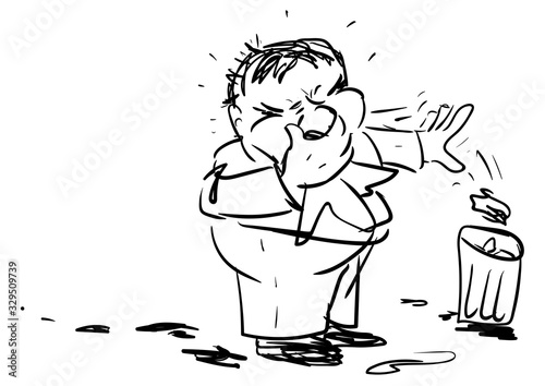 A man with characteristic signs of fever, runny nose, sneezing. The man blows his nose and throws the used handkerchief into the bin. The drawing is drawn by hand in black and white.
