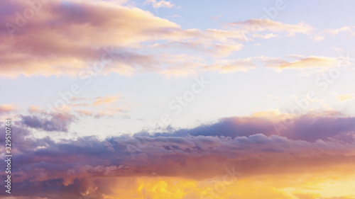 Beautiful sky at sunset with clouds, copy space, 16:9