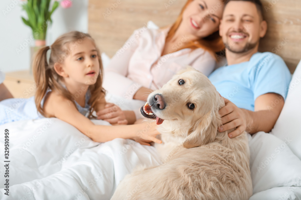 Happy family with dog in bedroom at home Happy family with dog in bedroom at home