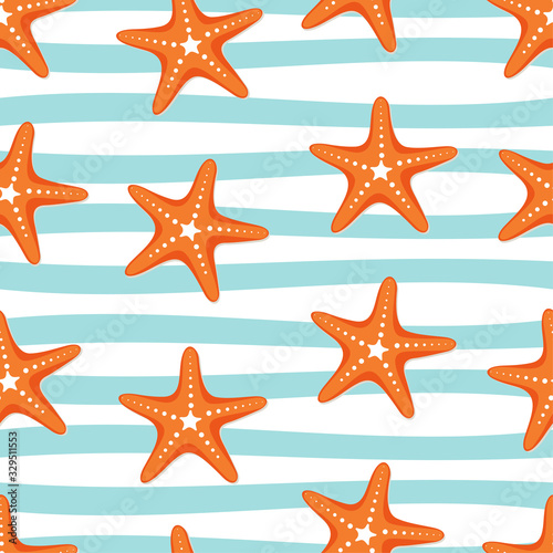 Summer seamless background with sea stars on striped background.