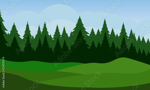 Landscape with green yard and tree on blue sky background.Flat vector design.