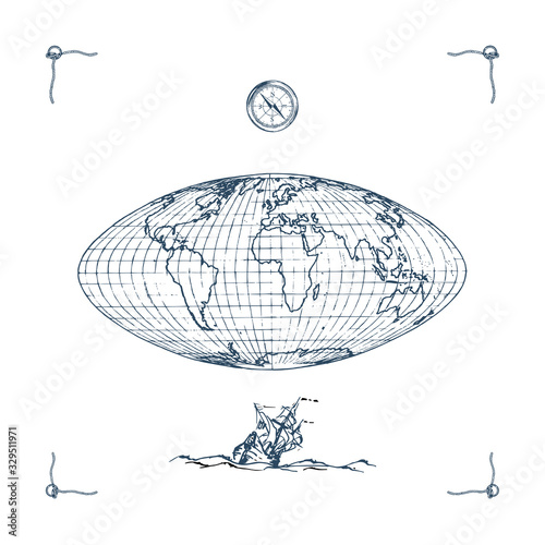 Graphic illustration of Earth globe map with compass and sailing vessel. Drawn sketch in vector.