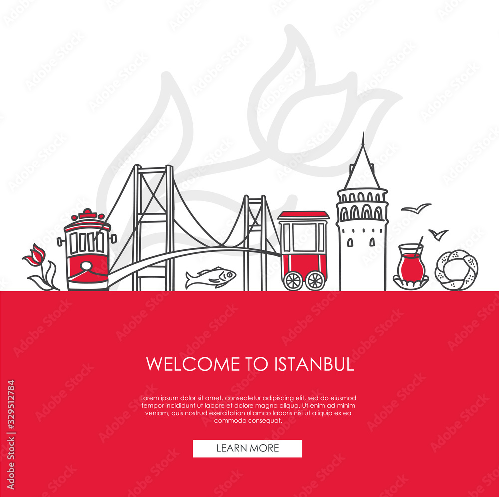 Vector illustration Welcome to Istanbul, Turkey. Famous Turkish landmarks in modern flat style on red background. Landing web page template with and place for the text. Travel, tourism concept design.