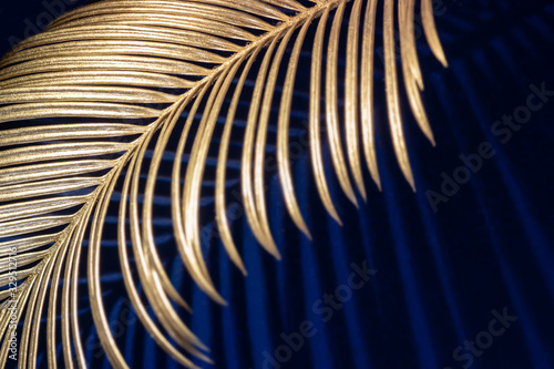 Glamor Golden tropical leaves and shadow on dark blue background, selective f...