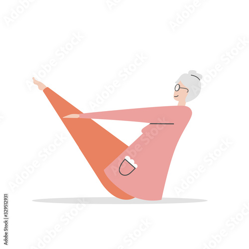 Flat vector illustration Senior Yoga. Cute grandmother in the Boat position. Active lifestyle for elder people. Meditation and yoga practise for adults. Funny grandma character isolated on white.