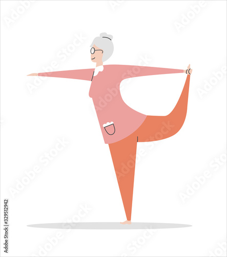 Flat vector illustration Senior Yoga. Cute grandmother in the Lord of Dance position. Active lifestyle for elder people. Meditation and yoga practise for adults. Lovely character isolated on white.