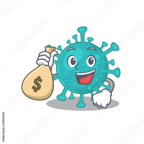 Smiley rich corona zygote virus cartoon character bring money bags