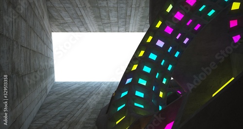 Architectural background. Abstract concrete interior with discs.Colored gradient neon lighting. 3D illustration and rendering.
