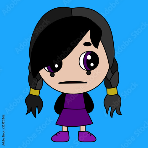 emoji with sad nonconformist emo girl with an bang & depressed face in black makeup that is expressing the emotion of pain & deep sorrow, simple hand drawn emoticon