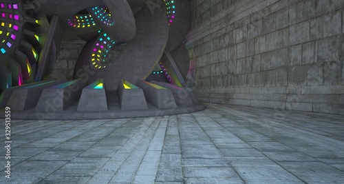 Architectural background. Abstract concrete interior with discs.Colored gradient neon lighting. 3D illustration and rendering.