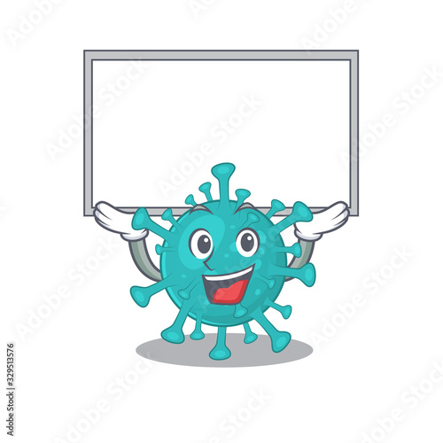 Happy cartoon character of corona zygote virus raised up board